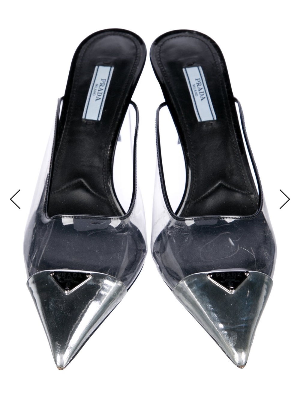 Prada Clear PVC Slingback Mules with Silver Pointed Toe Caps